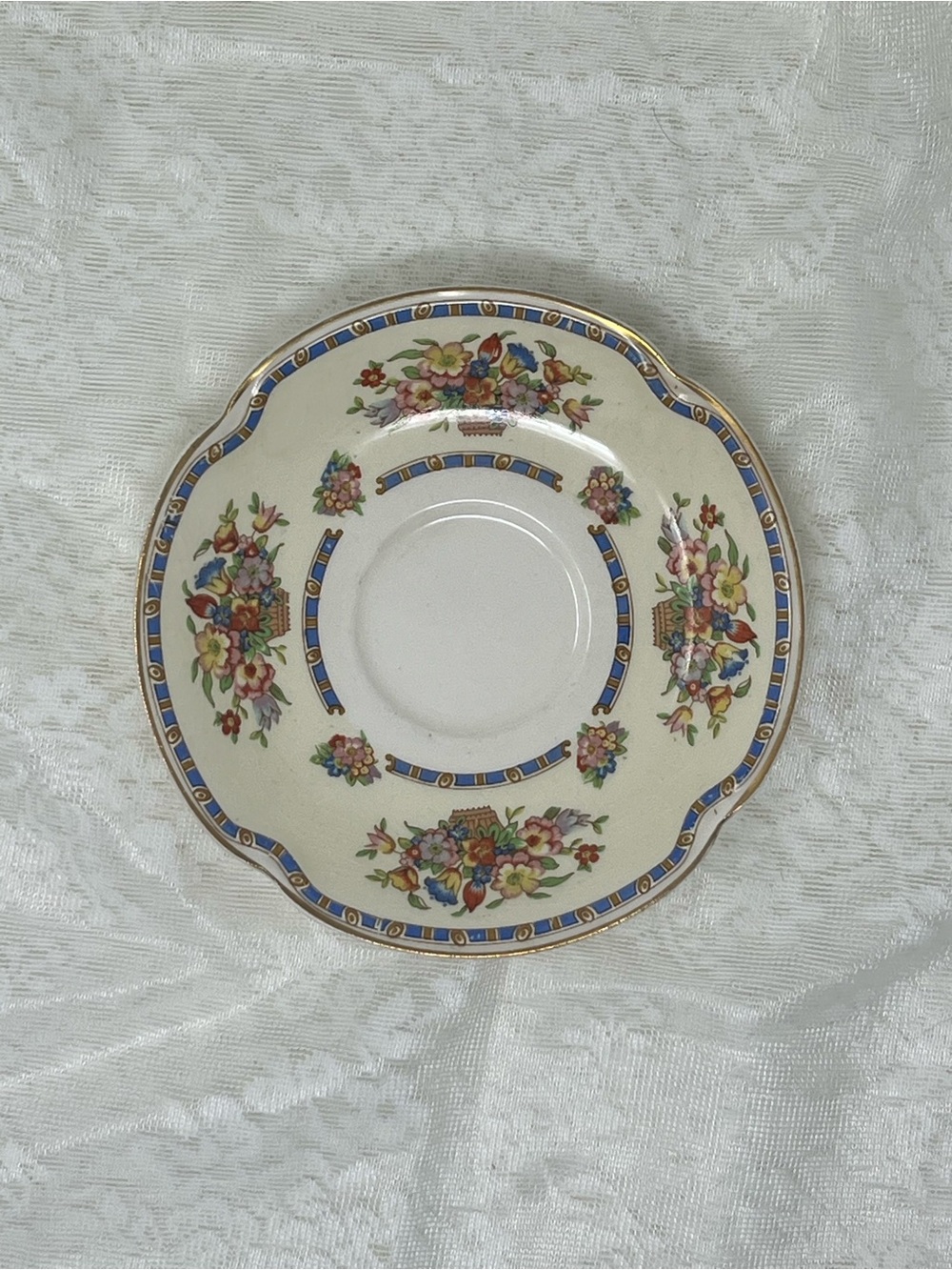Victoria Floral Basket Pattern Saucer in Pareek scalloped shape